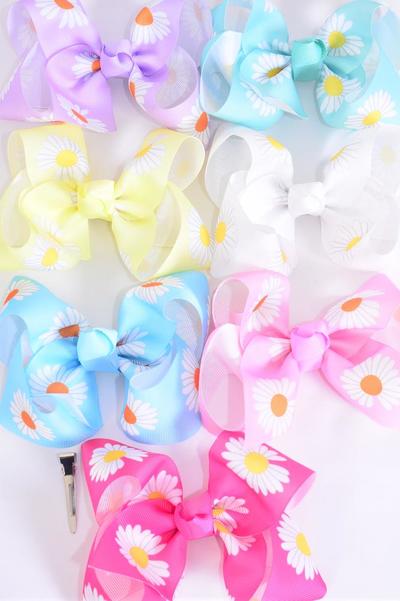 Hair Bow Jumbo Flower Daisy Pastel Grosgrain Bow-tie /  12 pcs Bow = Dozen  Alligator Clip , Size - 6" x 5" , 2 White , 2 Baby Pink , 2 Lavender , 2 Hot Pink , 2 Mint Green ,1 Blue, 1 Yellow Color Asst , Clip Strip & UPC Code