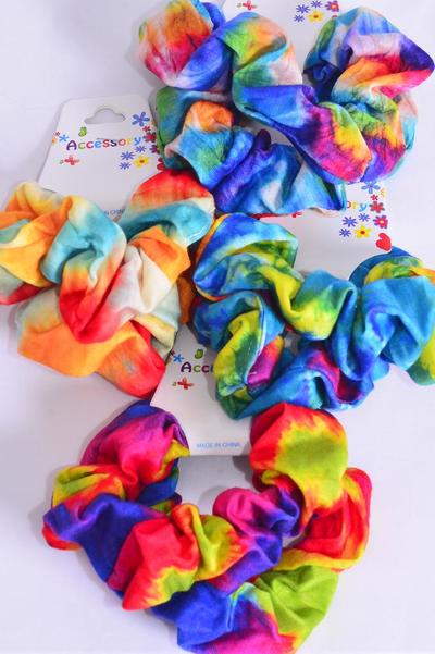 Scrunchies 24 pcs Cotton Stretch Tiedye Multi / 12 card= Dozen Stretch , 3 Of each Pattern Asst , Hang Tag & OPP Bag & UPC Code