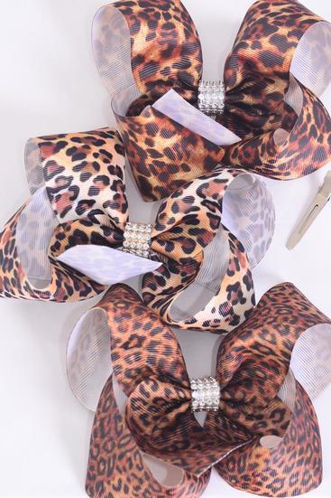 Hair Bow Jumbo Leopard Pattern Mix Grosgrain Bow-tie / 12 pcs Bow = Dozen Leopard , Alligator Clip , Size - 6" x 5" Wide , 4 of each Pattern , Clip Strip & UPC Code