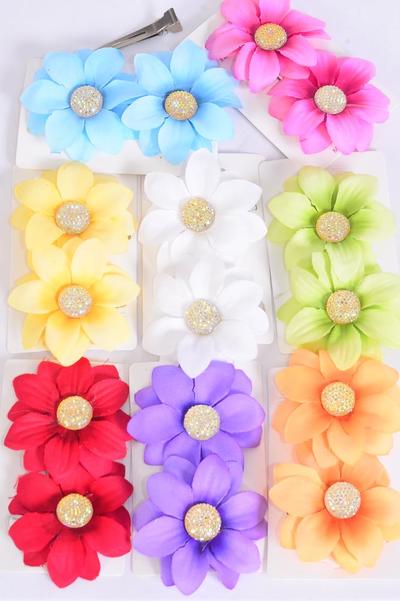 Flowers 24 pcs Daisy Multi / 24 pcs Flower = Dozen Alligator Clip , Size - 2.75" Wide ,  Red , 2 Yellow , 2 Purple , 2 White , 1 Pink , 1 Blue , 1 Lime , 1 Orange Color Asst