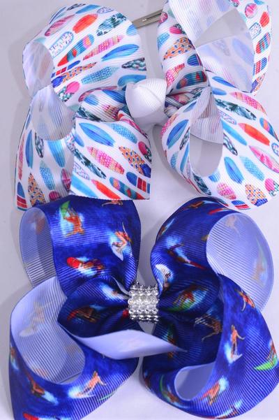 Hair Bow Jumbo Vacation Surfboard Surfing Grosgrain Bow-tie / 12 pcs Bow = Dozen   Surfing , Alligator Clip , Bow - 6" x 5" Wide , 6 of each Pattern Asst , Clip Strip & UPC Code