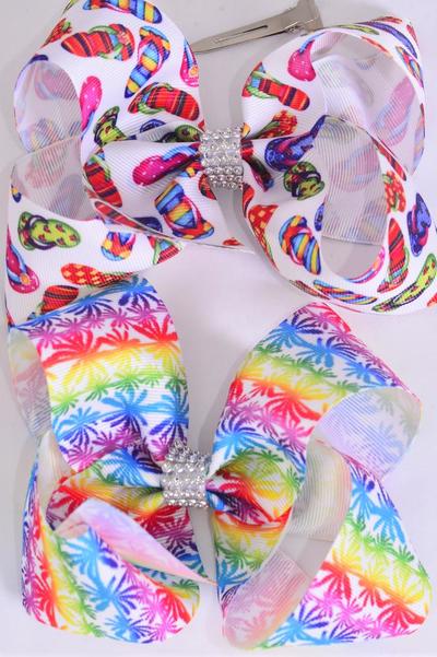 Hair Bow Jumbo Vacation Pam Tree Flip Flop Grosgrain Bow-tie /  12 pcs Bow = Dozen  Alligator Clip , Bow - 6" x 5" Wide , 6 of each Pattern Asst , Clip Strip & UPC Code