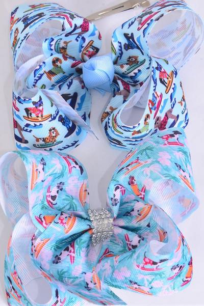 Hair Bow Jumbo Surfing Dogs Grosgrain Bow-tie /  12 pcs Bow = Dozen Alligator Clip , Bow - 6" x 5" Wide , 6 of each Pattern Asst , Clip Strip & UPC Code