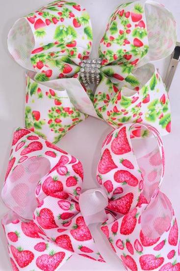 Hair Bow Jumbo Strawberry Grosgrain Bow-tie / 12 pcs Bow = Dozen Alligator Clip , Size - 6" x 5" Wide , 6 of each Pattern , Clip Strip & UPC Code