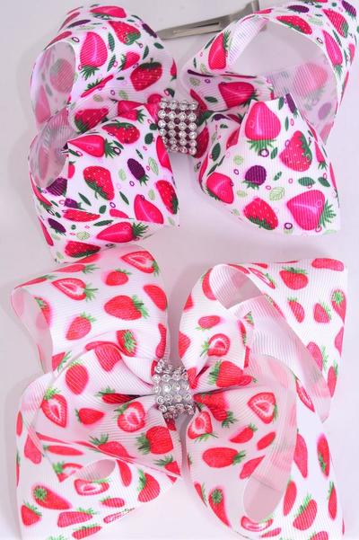 Hair Bow Jumbo Strawberry Grosgrain Bow-tie / 12 pcs Bow = Dozen Alligator Clip , Size - 6" x 5" Wide , 6 of each Pattern , Clip Strip & UPC Code