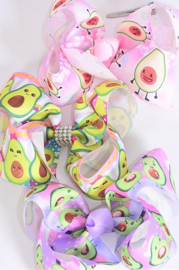 Hair Bow Jumbo Avocadorable Grosgrain Bow-tie / 12 pcs Bow = Dozen Alligator Clip , Size - 6" x 5" Wide , 4 Of Each Pattern Asst , Clip Strip & UPC Code