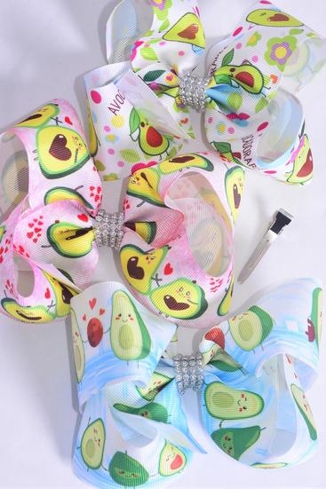 Hair Bow Jumbo Avocadorable Grosgrain Bow-tie / 12 pcs Bow = Dozen Alligator Clip , Size - 6" x 5" Wide , 4 Of Each Pattern Asst , Clip Strip & UPC Code