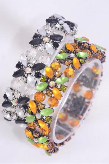 Bracelet Flower Rhinestone Acrylic Stone Mix Stretch / 12 pcs = Dozen Stretch , Flower-0.75" Wide , Choose Colors, Hang card & Opp Bag 