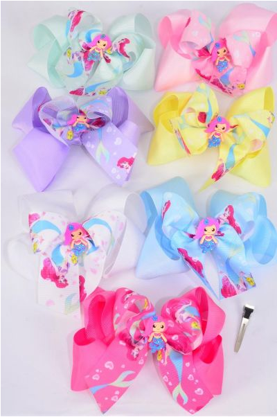 Hair Bow Jumbo Double Layered Mermaid Charm Pastel Grosgrain Bow-tie / 12 pcs Bow = Dozen Alligator Clip , Size - 6" x 6" Wide , 2 White, 2 Pink, 1 Blue, 1 Yellow, 2 Lavender, 2 Hot Pink, 2 Mint Green Color Asst , Clip Strip & UPC Code