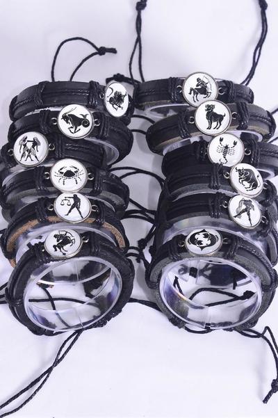 Bracelet Real Leather Band Black Glass Dome Greek Myth Zodiac Sign / 12 pcs = Dozen match 03448 Unisex , Adjustable , 12 Month Asst , Individual Hang tag & OPP Bag & UPC Code