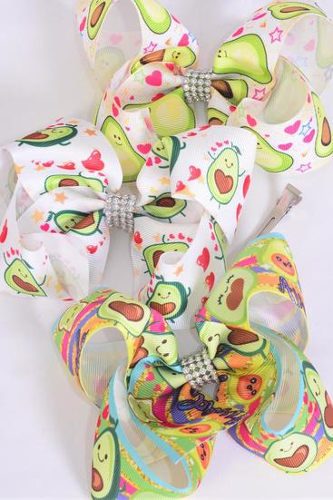 Hair Bow Jumbo Avocadorable Grosgrain Bow-tie / 12 pcs Bow = Dozen Alligator Clip , Size- 6" x 5" Wide , 4 Of Each Pattern Asst , Clip Strip & UPC Code