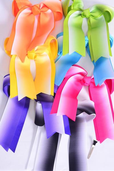 Hair Bow Jumbo Long Tail Double Layered Gradient Tiedye Grosgrain Bow-tie Multi / 12 pcs Bow = Dozen  Alligator Clip , Size - 6.5" x 6" Wide , 2 White , 2 Yellow , 2 Blue , 2 Fuchsia , 2 Purple , 1 Orange , 1 Lime Color Asst , Clip Strip & UPC Code