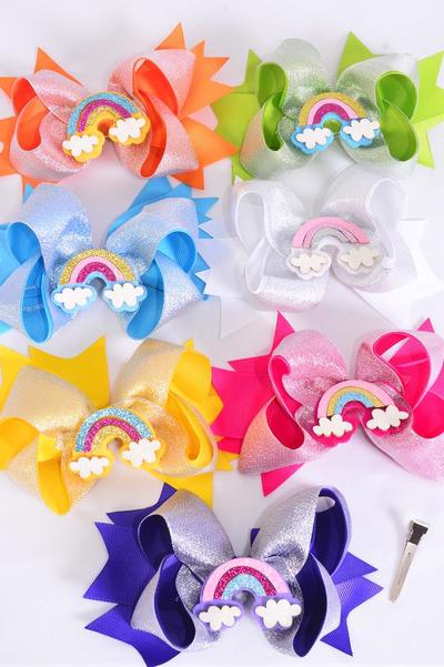 Hair Bow Jumbo Double Layered Metallic Happy Rainbow Grosgrain Bow-tie Citrus / 12 pcs Bow = Dozen Alligator Clip , Size - 6" x 5" , 2 White , 2 Fuchsia , 2 Purple , 2 Yellow , 2 Blue , 1 Lime , 1 Orange Color Asst , Clip Strip & UPC Code