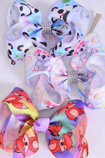 Hair Bow Jumbo Panda Fox Koala Bear Mix Grosgrain Bow-tie / 12 pcs Bow = Dozen Alligator Clip , Size-6"x 5" Wide , 4 Of each Pattern Asst , Clip Strip & UPC Code