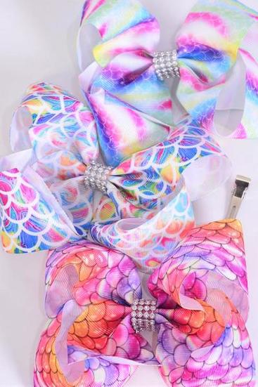 Hair Bow Jumbo Mermaid Scale Tiedye Gradient Grosgrain Bow-tie / 12 pcs Bow = Dozen  Alligator Clip , Size - 6" x 5" Wide , 4 Of Each Pattern Asst , Clip Strip & UPC Code