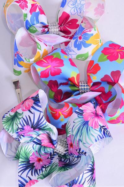 Hair Bow Jumbo Tropic Flowers Mix Grosgrain Bow-tie / 12 pcs Bow = Dozen Aloha , Alligator Clip , Size - 6" x 5" Wide , 4 Of Each Pattern Asst , Clip Strip & UPC Code