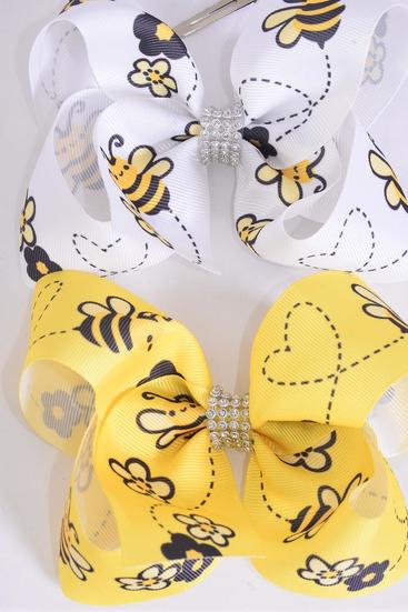 Hair Bow Jumbo Honey Bee Grosgrain Bow-tie / 12 pcs Bow = Dozen Alligator Clip , Size - 6" x 5" Wide , 6 Of each Pattern Asst , Clip Strip and UPC Code