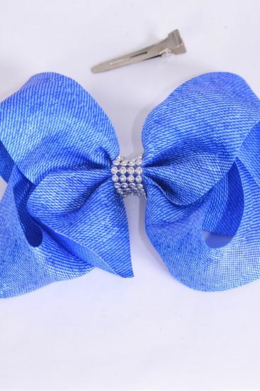 Hair Bow Jumbo Denim Print Center Clear Stones Grosgrain Bow-tie / 12 pcs = Dozen Alligator Clip , Size-6"x 5" Wide , Clip Strip & UPC Code