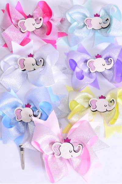 Hair Bow Jumbo Double Layered Metallic Elephant Charm Pastel Grosgrain Bow-tie / 12 pcs Bow = Dozen Alligator Clip , Size - 6" x 5" Wide , 2 White , 2 Pink , 1 Blue , 1 Yellow , 2 Lavender , 2 Hot Pink , 2 Mint Color Asst , Clip Strip & UPC Code