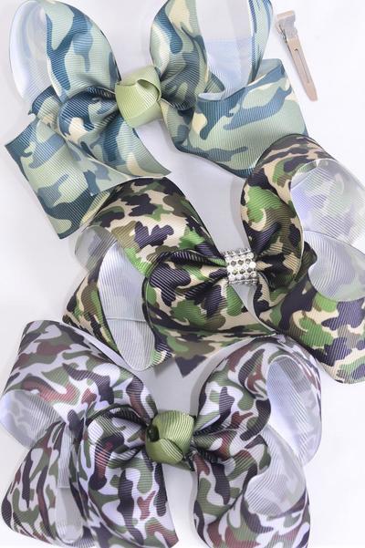 Hair Bow Jumbo Camouflage Grosgrain Bow-tie / 12 pcs Bow = Dozen Camo, Alligator Clip , Size - 6" x 5" Wide , 4 Of Each Pattern Asst , Hang Tag & UPC Code