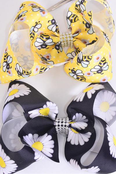 Hair Bow Jumbo Cute Honey Bee Daisy Flower Mix Grosgrain Bow-tie / 12 pcs Bow = Dozen  Alligator Clip , Size - 6" x 5" Wide , 6 Of Each Pattern Asst , Clip Strip and UPC Code