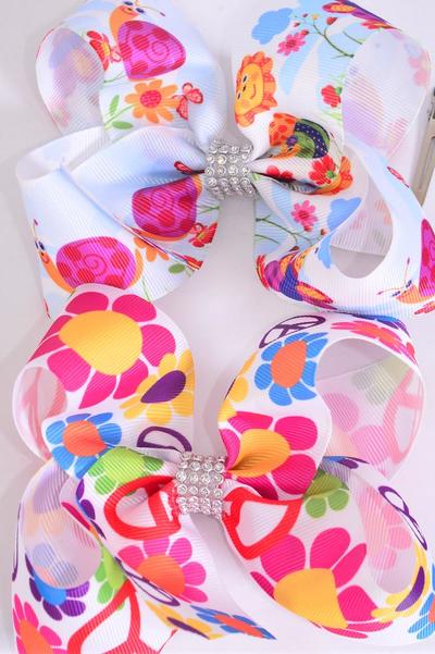 Hair Bow Jumbo Flower Power Peace Sign Mix Grosgrain Bow-tie / 12 pcs Bow = Dozen Alligator Clip , Size - 6" x 5" Wide , 6 Of each Pattern Asst , Clip Strip and UPC Code