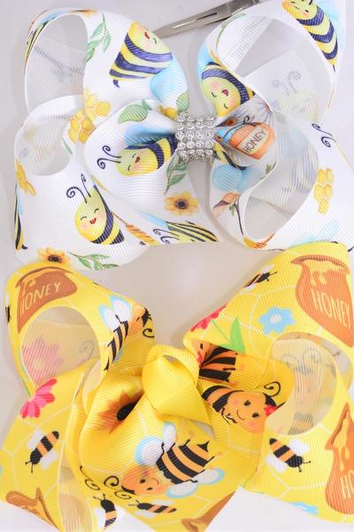 Hair Bow Jumbo Cute Bumble Bee Honey Bees Mix Grosgrain Bow-tie / 12 pcs Bow = Dozen  match 00143  Alligator Clip , Size - 6" x 5" Wide , 6 Of each Pattern Asst , Clip Strip & UPC Code