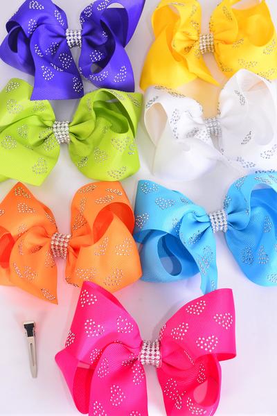 Hair Bow Jumbo Heart Studded Grosgrain Bow-tie Citrus / 12 pcs Bow = Dozen Alligator Clip , Size - 6" x 5" Wide , 2 Fuchsia , 2 Blue , 2 Yellow , 2 Purple , 2 White , 1 Lime , 1 Orange Color Asst , Clip Strip & UPC Cod