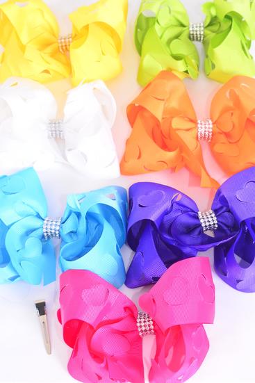 Hair Bow Jumbo Heart Grosgrain Bow-tie Citrus / 12 pcs Bow = Dozen  Alligator Clip , Size - 6" x 5" Wide , 2 White , 2 Fuchsia , 2 Purple , 2 Yellow , 2 Blue , 1 Lime , 1 Orange Color Asst , Clip Strip & UPC Code