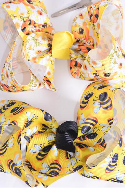 Hair Bow Jumbo Cute Honey Bees Mix Grosgrain Bow-tie / 12 pcs Bow = Dozen Alligator Clip , Size - 6" x 5" Wide , 6 Of each Pattern Asst , Clip Strip and UPC Code