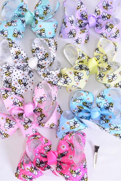 Hair Bow Jumbo Cute Honey Bee W Flowers Grosgrain Bow-tie Pastel / 12 pcs Bow = Dozen Alligator Clip , Size - 6" x 5" , 2 White , 2 Baby Pink , 2 Lavender , 2 Blue , 2 Yellow , 1 Hot Pink , 1 Mint Color Asst , Clip Strip & UPC Code