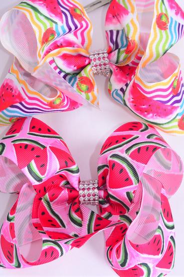 Hair Bow Jumbo Watermelon Grosgrain Bow-tie / 12 pcs Bow = Dozen Alligator Clip , Size - 6" x 5" Wide , 6 of each Pattern , Clip Strip & UPC Code