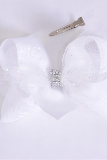 Hair Bow Jumbo Double Layered Mesh Iridescent Glitter Grosgrain Bow-tie White / 12 pcs Bow = Dozen White , Alligator Clip , Size - 6" x 5" Wide , Clip Strip & UPC Code