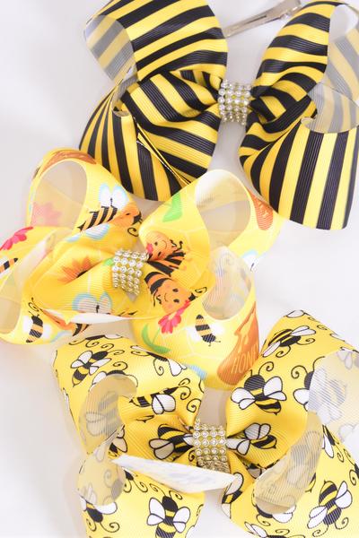 Hair Bow Jumbo Cute Honey Bee  Stripe Mix Grosgrain Bow-tie / 12 pcs Bow = Dozen  Alligator Clip , Size - 6" x 5" Wide , 4 Of each Pattern Asst , Clip Strip & UPC Code