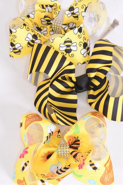 Hair Bow Jumbo Cute Honey Bee  Stripe Mix Grosgrain Bow-tie / 12 pcs Bow = Dozen  Alligator Clip , Size - 6" x 5" Wide , 4 Of each Pattern Asst , Clip Strip & UPC Code