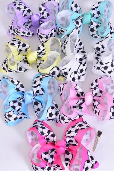 Hair Bow Jumbo Soccer Pastel Grosgrain Bow-tie / 12 pcs Bow = Dozen  Alligator Clip , Bow Size - 6" x 5" Wide , 2 Pink ,1 Blue , 1Yellow , 2 Lavender , 2 White , 2 Mint , 2 Hot Pink Color Mix , Clip Strip & UPC Code