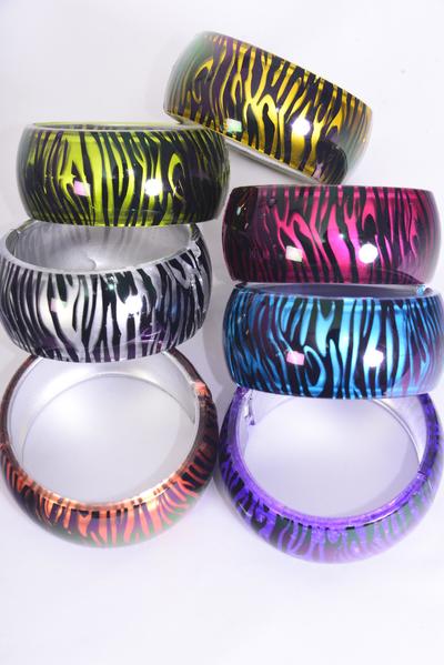 Bracelet Bangle Acrylic Hinge Cat-eye Zebra Print Multi /  12 pcs = Dozen Multi , Hinge , Size -2 .75" x 1.25" Dia Wide , 2 Silver , 2 Blue , 2 Purple , 2 Red , 2 Yellow ,1 Lime ,1 Orange Mix , Hang Tag & OPP Bag & UPC Code