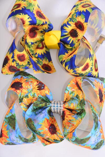 Hair Bow Jumbo Happy Sunflower Grosgrain Bow-tie /  12 pcs Bow = Dozen Alligator Clip , Size - 6" x 5" Wide , 6 Of Each Pattern Asst , Clip Strip and UPC Code