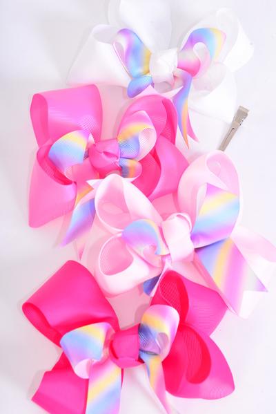 Hair Bow Jumbo Double Layered Gradient Tiedye Rainbow Grosgrain Bow-tie Pink Mix / 12 pcs Bow = Dozen Alligator Clip , Bow - 6" x 5" Wide , 3 White , 3 Baby Pink , 3 Hot Pink , 3 Fuchsia Asst , Clip Strip & UPC Code