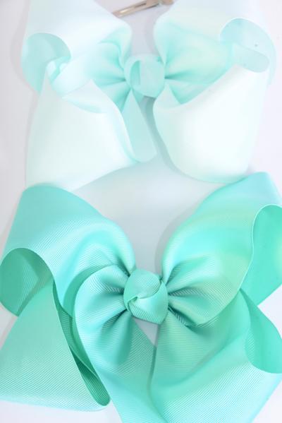 Hair Bow Jumbo Mint Green Mix Grosgrainc Bow-tie / 12 pcs Bow = Dozen  Alligator Clip , Size - 6" x 5" Wide , 6 Tropic , 6 Aqua Color Asst , Clip Strip & UPC Code