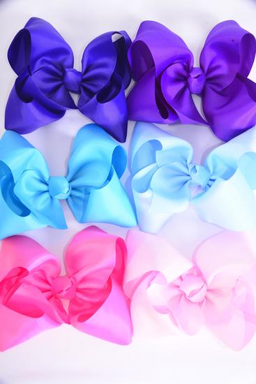 Hair Bow Extra Jumbo Cheer Type Bow Spring Mix Grosgrain Bow-tie / 12 pcs Bow = Dozen  Spring Mix , Size - 8" x 7" , Alligator Clip , 2 Baby Pink , 2 Hot Pink , 2 Lavender , 2 Purple , 2 Sky Blue , 2 Baby Blue Mix , Clip Strip & UPC Code