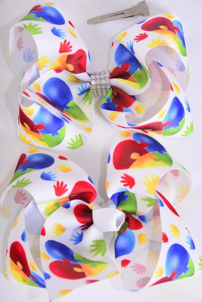 hair bow jumbo autism grosgrain bow-tie /  12 pcs Bow = Dozen Autism Awarenes , Alligator Clip , Size - 6" x 5" Wide , 6 Of each Pattern Asst , Clip Strip and UPC Code