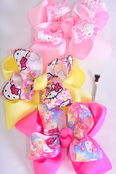 Hair Bow Jumbo Double Layered Cute Kitty Pattern Mix Grosgrain Bow-tie /  12 pcs Bow = Dozen Alligator Clip , Size - 6" x 5" Wide , 4 Of Each Pattern Asst , Clip Strip & UPC Code