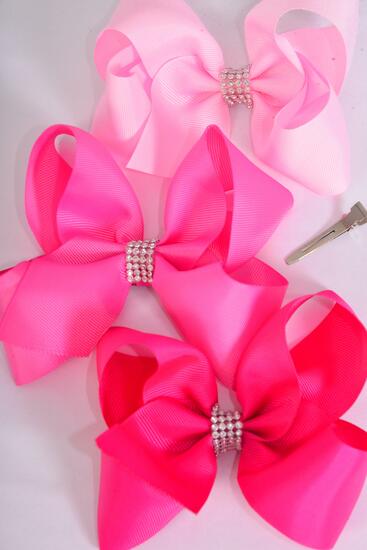 Hair Bow Jumbo Center Clear Stones Pink Mix Grosgrain Bow-tie / 12 pcs Bow = Dozen Pink Mix , Alligator Clip , Size - 6" x 5" Wide , 4 baby Pink , 4 Hot Pink , 4 Fuchsia Color Asst , Clip Strip & UPC Code