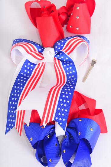 Hair Bow Jumbo Patriotic Stars Stripes Mix Grosgrain Bow-tie / 12 pcs Bow = Dozen Alligator Clip , Bow - 6" x 5" Wide , 4 Of Each Pattern Asst , Clip Strip & UPC Code5