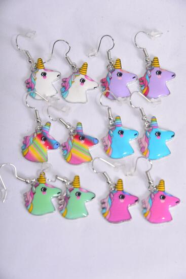 Earrings Unicorn Enamel Color Asst / 12 pair = Dozen Fish Hook , 2 Of each Pattern Asst , Earring Card & OPP Bag & UPC Code