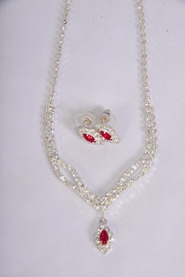 Necklace Sets Rhinestone Marquis Cut Red / Sets Post , 18" Extension Chain , Black Velvet Display Card & OPP Bag & UPC Code