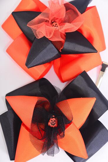 Hair Bow Jumbo Halloween Double Layered Pumpkin Charm Black Orange Mix Grosgrain Bow-tie / 12 pcs Bow = Dozen Alligator Clip , Size - 6" x 5" Wide , 6 Black , 6 Orange Mix , Clip Strip & UPC Code