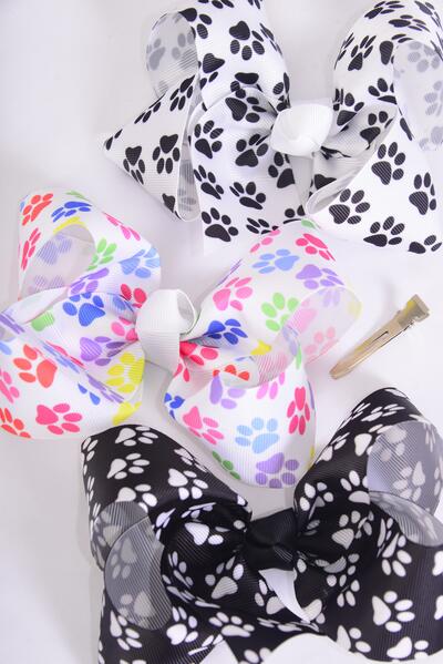 Hair Bow Jumbo Paw Print Grosgrain Bow-tie / 12 pcs Bow = Dozen Paw Print , lligator Clip , Bow - 6" x 5" Wide , 4 of each Pattern Asst , Clip Strip & UPC Code