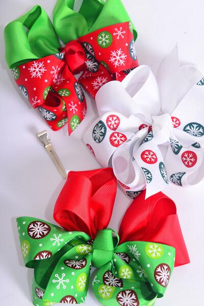 Hair Bow Jumbo Christmas Snowflake / 12 pcs Bow = Doze Christmas , Alligator Clip , Size - 6" x 5" Wide , 4 of each Pattern Asst , Clip Strip & UPC Code